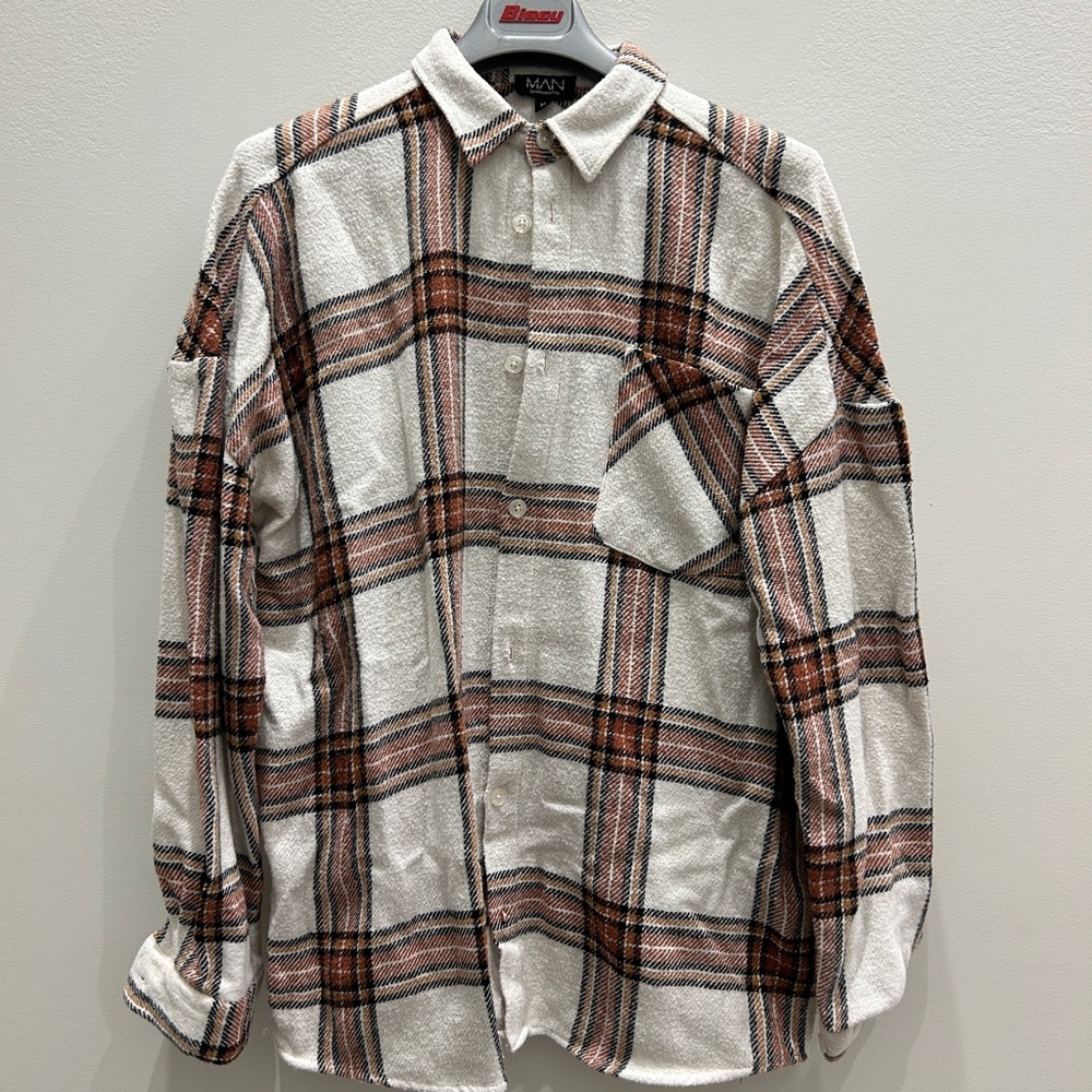 Plaid Button-Up Shirt - White and Brown